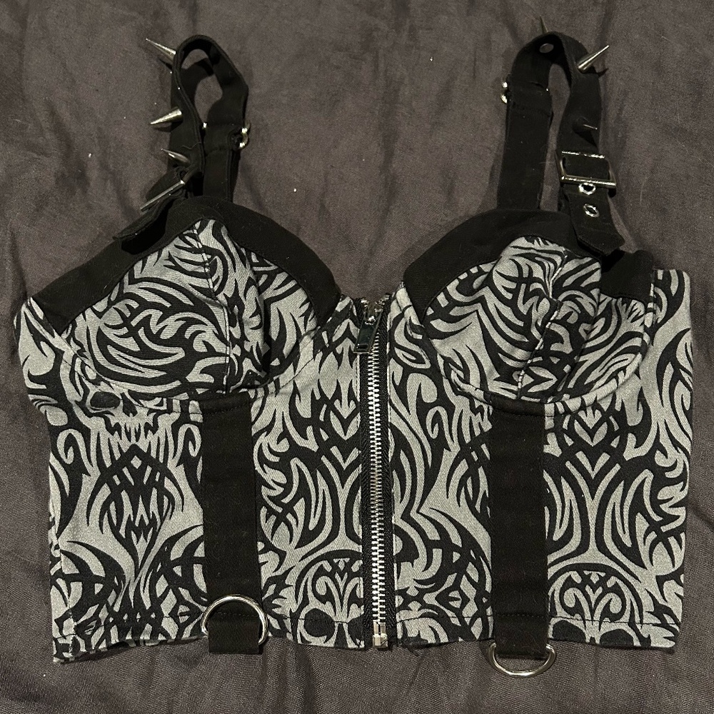 Spiked Straps Dollskill Zipup Crop Top, Gothic, Grunge, Size S